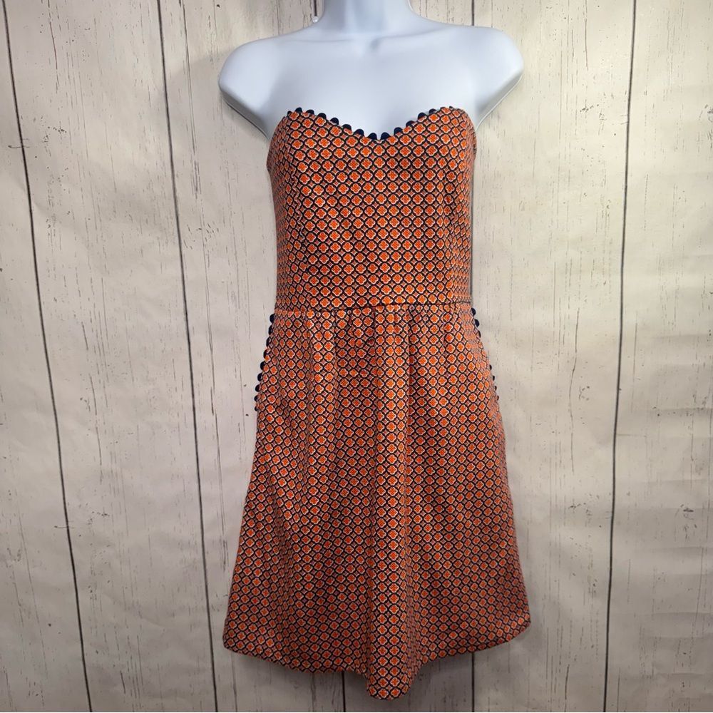 Judith March Strapless Orange Mini Dress Size L Geometric Mod Retro Pockets